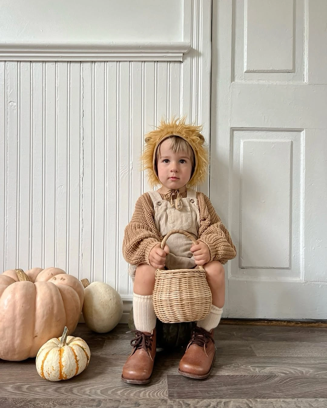 Child in a soft lion cub Halloween costume with mane headpiece tan romper brown boots and woven basket