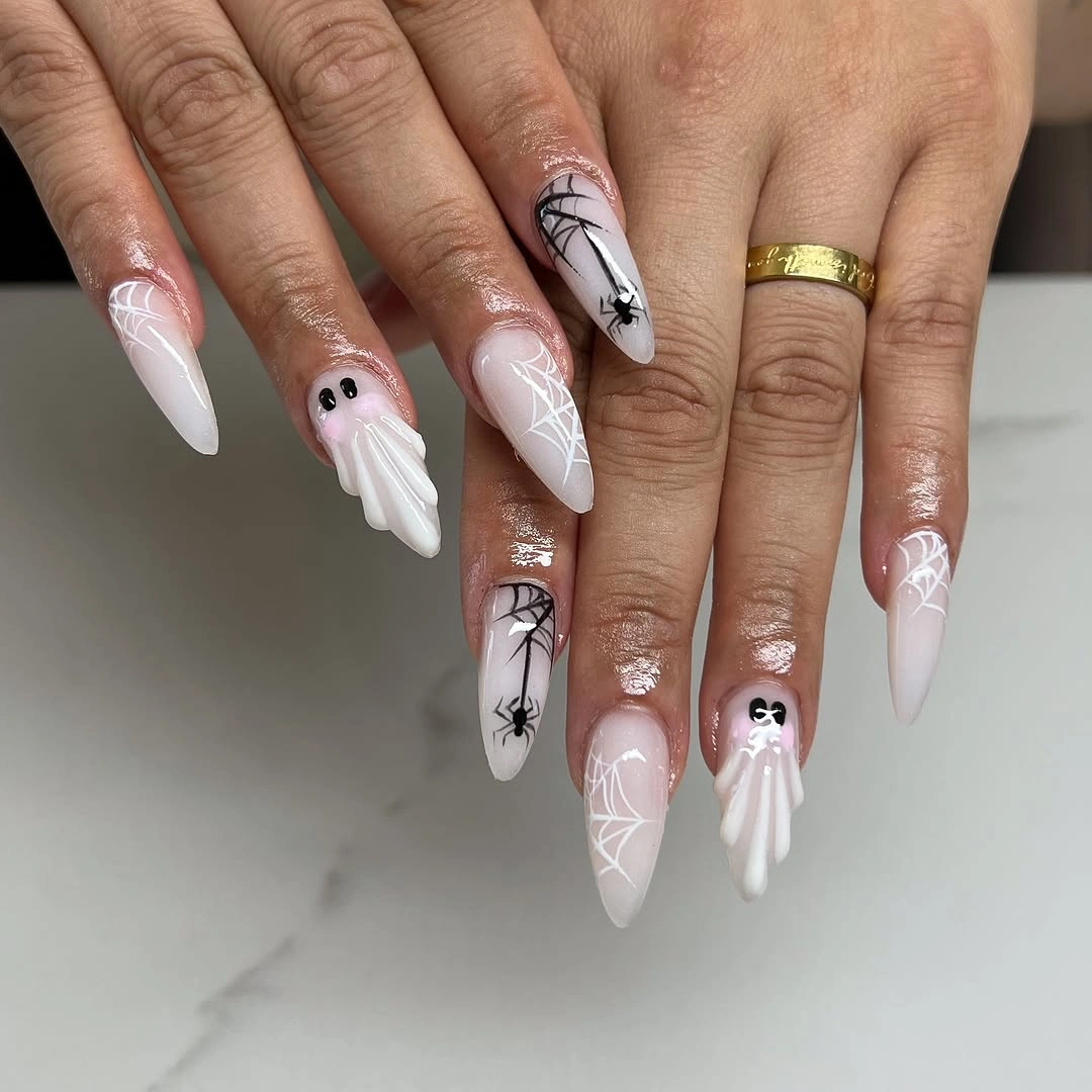 Long almond white nails with thin ghost outlines and open space
