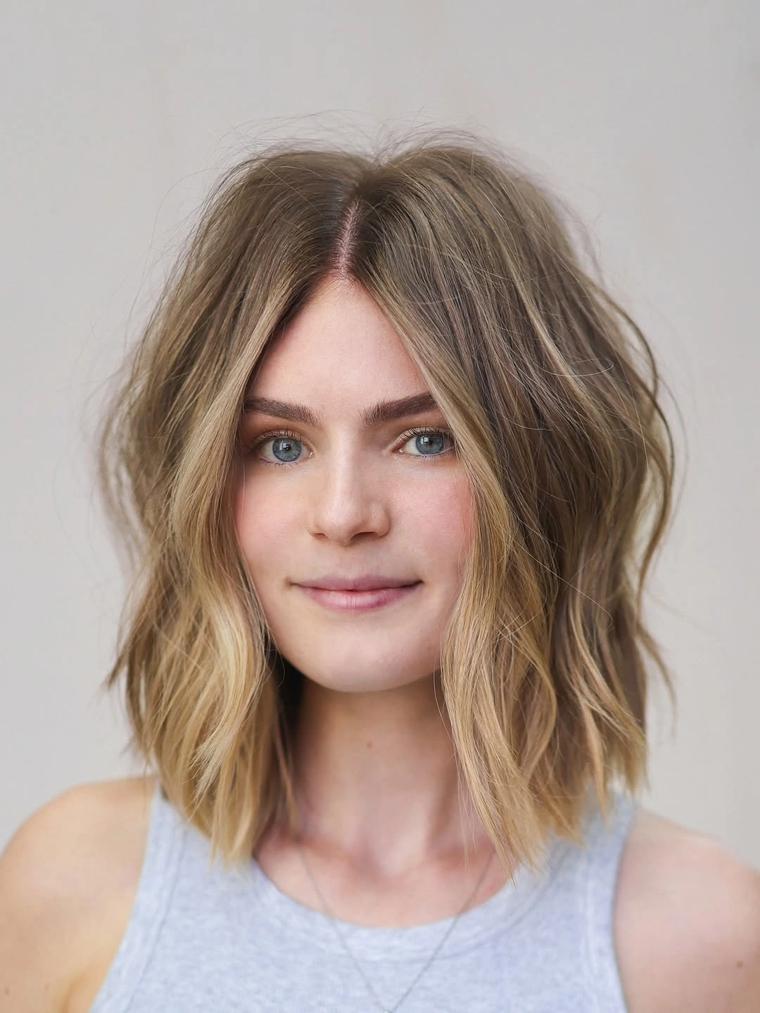shoulder length blonde waves with curtain framing