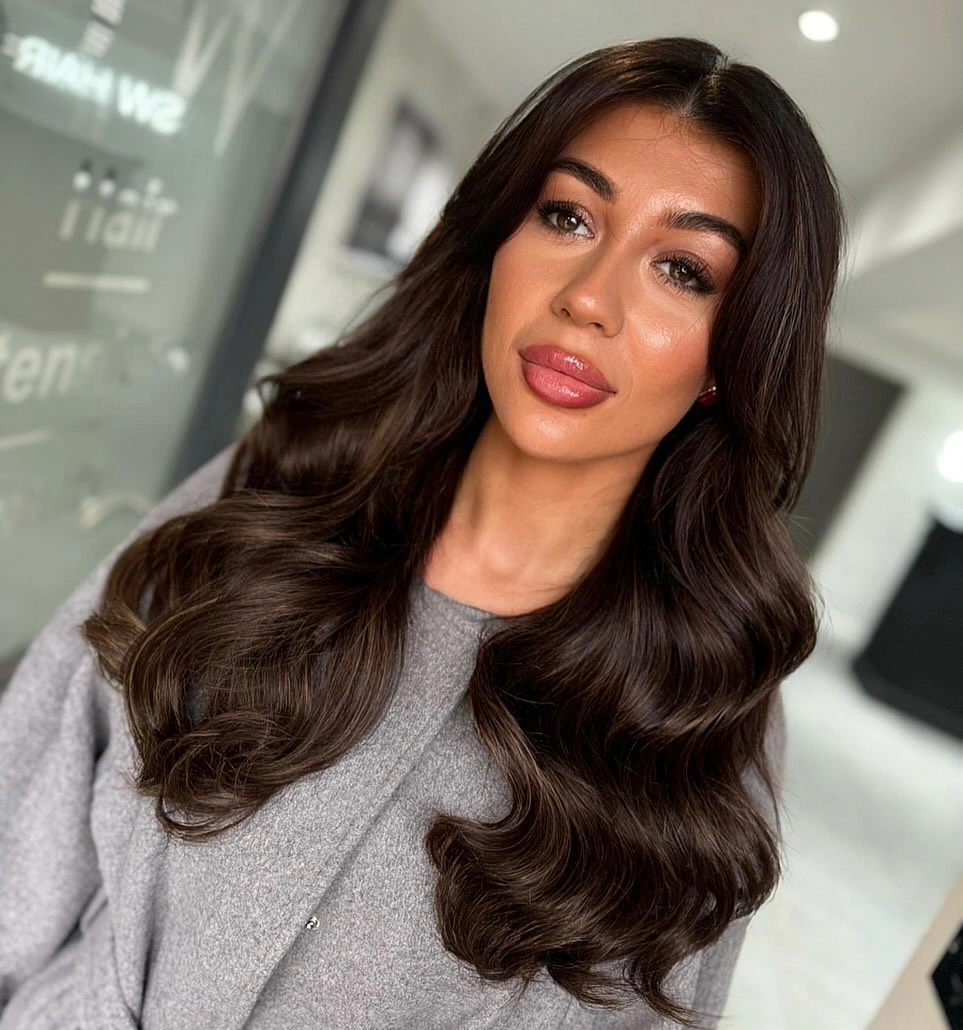 Long dark brunette blowout with smooth center-parted crown and large soft waves