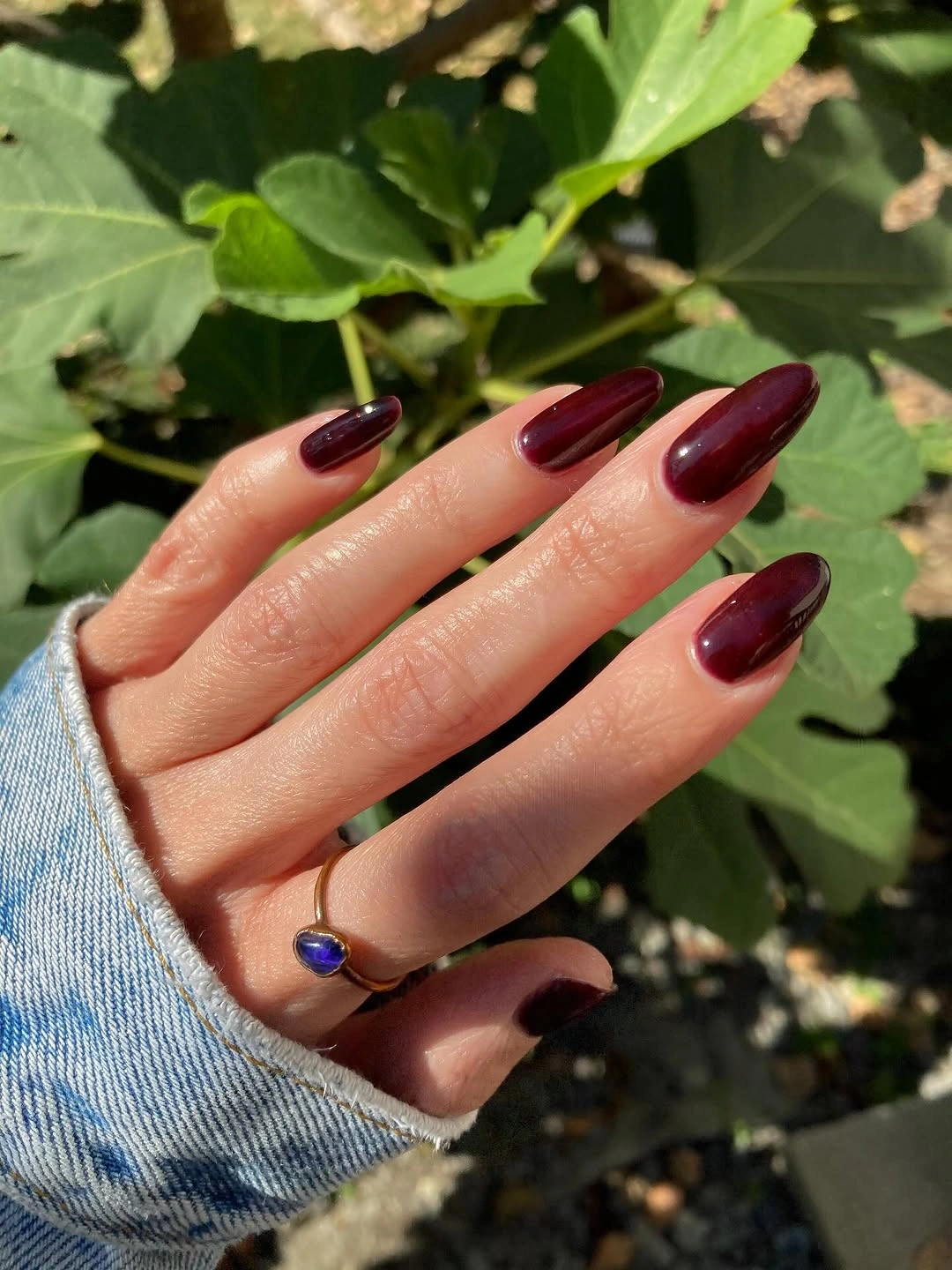Uniform glossy deep berry almond nails with a smooth rich finish