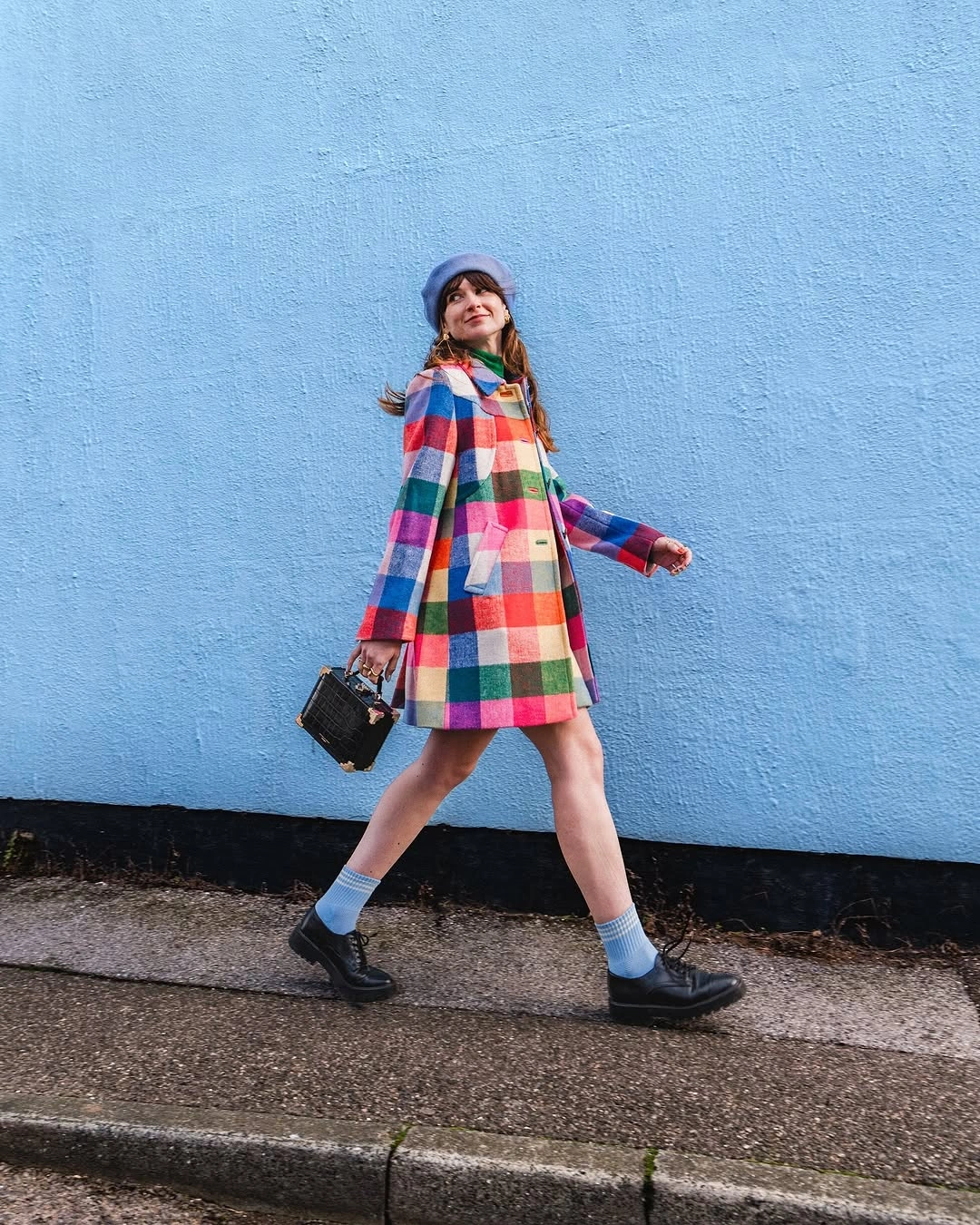 Rainbow plaid coat with beanie and chunky boots