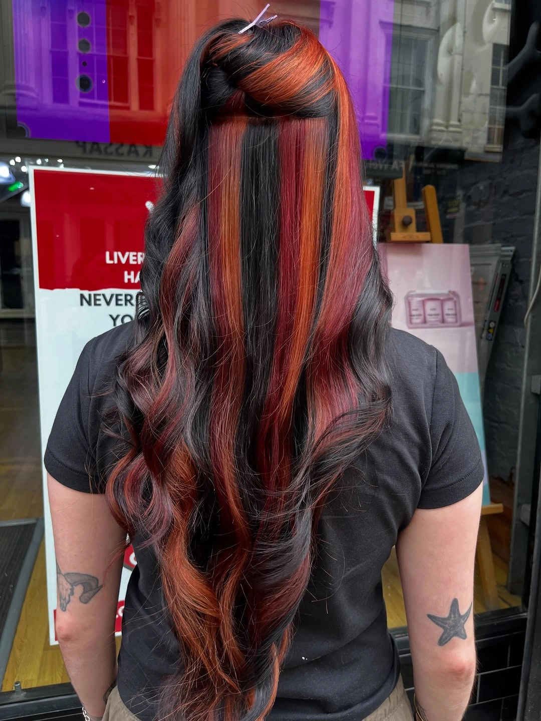 Half up dark waves with red and copper panels