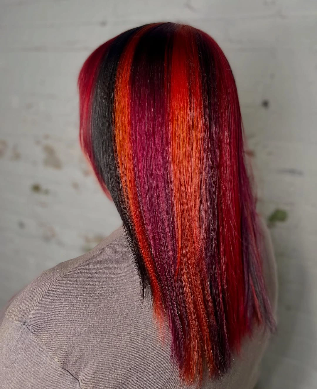 Long straight wine red hair with black and red panels