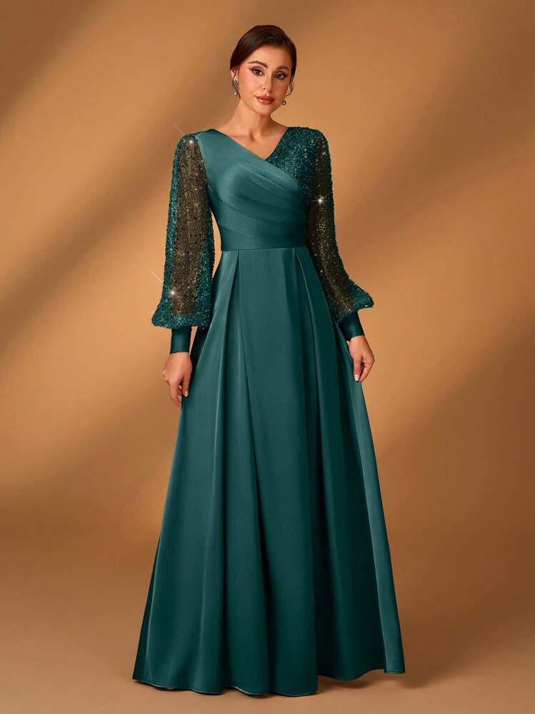 Teal Satin Maxi Dress with Voluminous Sequined Lantern Sleeves Teal Satin Maxi Dress with Voluminous Sequined Lantern Sleeves — Winter Formal Dresses