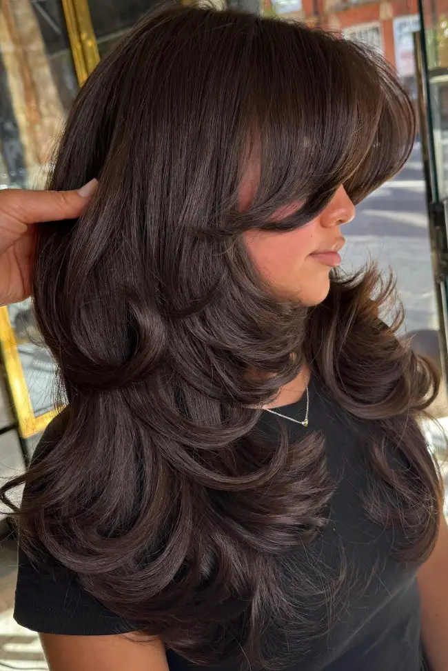 Mid-Back Long Espresso Layers With Curtain Bangs Mid-Back Long Espresso Layers With Curtain Bangs — Espresso Brown Hair