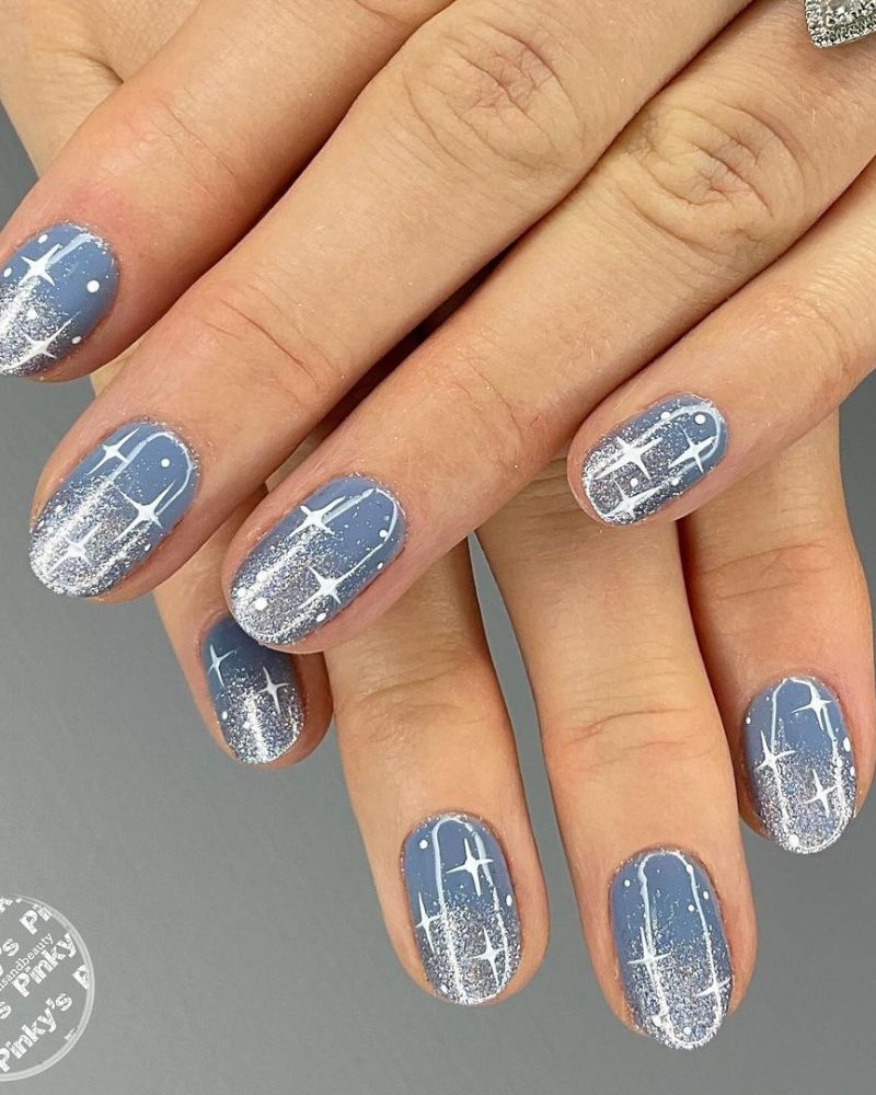 Dusty Blue Snowflake Glitter Oval Nails Dusty Blue Snowflake Glitter Oval Nails — Short Winter Acrylic Nails