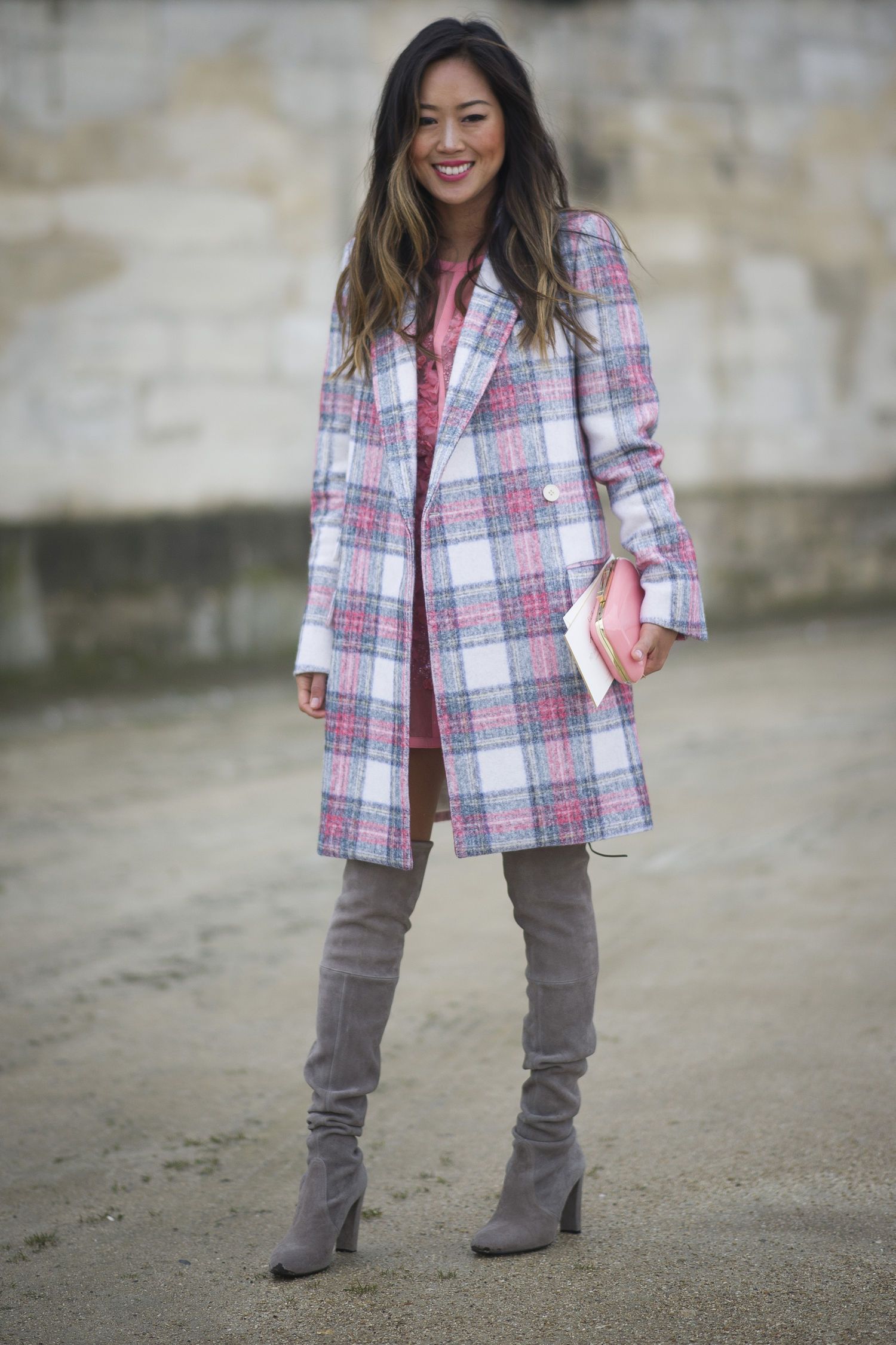 Wool-Blend Plaid Coat Over Textured Knit Dress with Suede Boots Wool-Blend Plaid Coat Over Textured Knit Dress with Suede Boots — Winter to Spring Transition Outfits