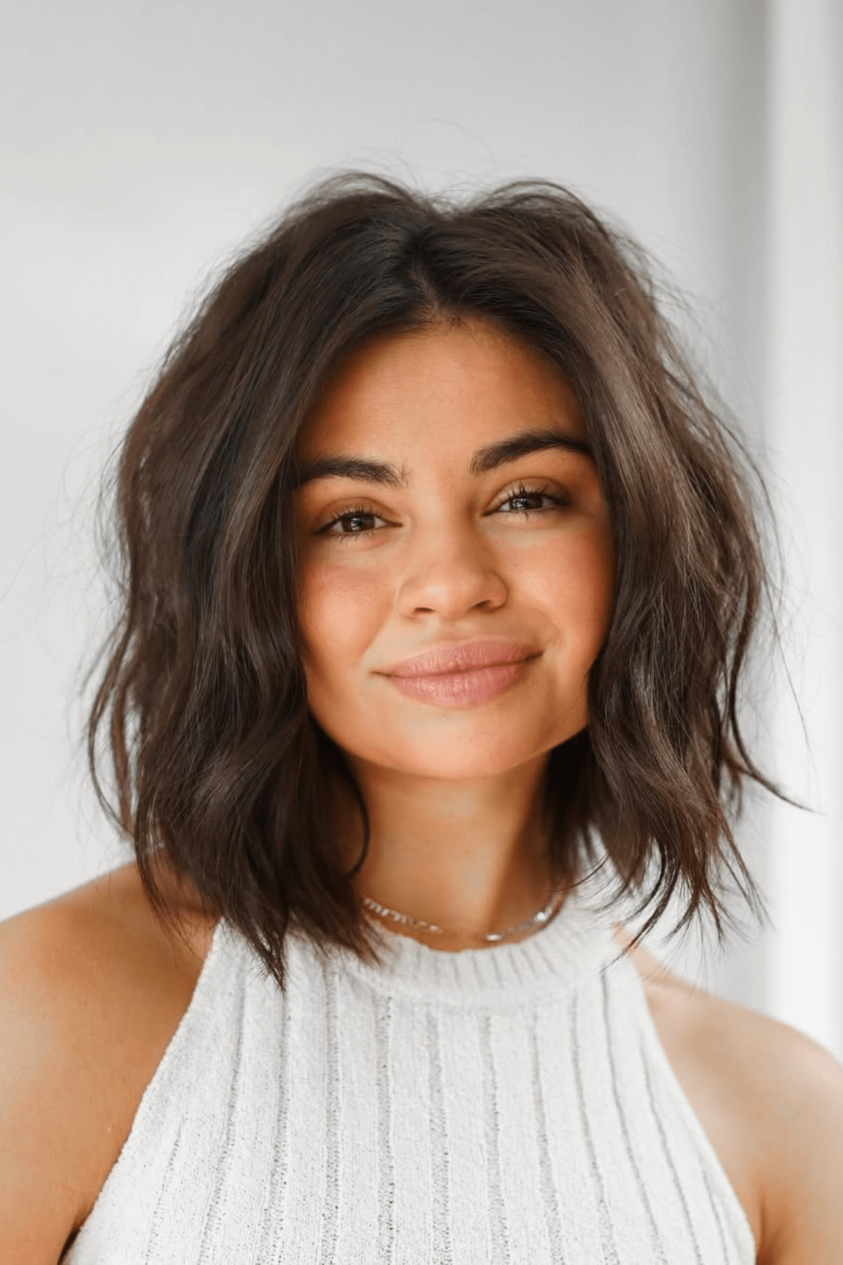 Wavy Dark Brown Collarbone Bob Wavy Dark Brown Collarbone Bob — Winter Haircuts for Plus Size Women