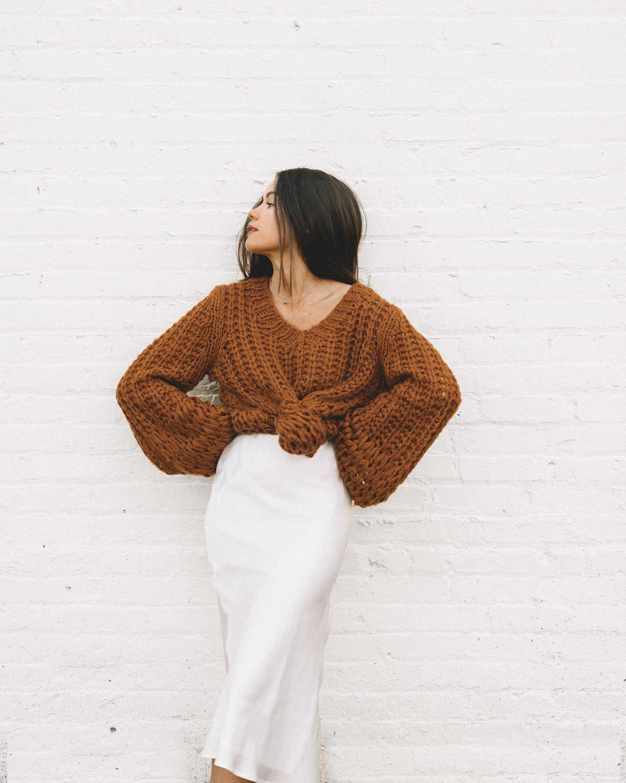 Knit Sweater Tied Over Silk Midi Skirt Knit Sweater Tied Over Silk Midi Skirt — Sweater Outfits