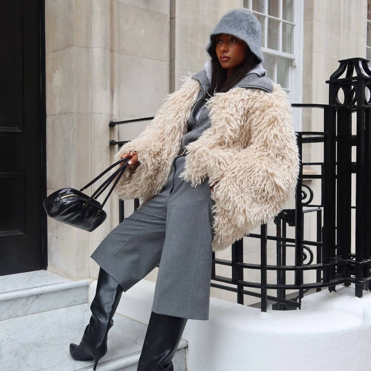 Cozy Cream Shaggy Coat Over Grey Layers Cozy Cream Shaggy Coat Over Grey Layers — Winter Layering Outfits