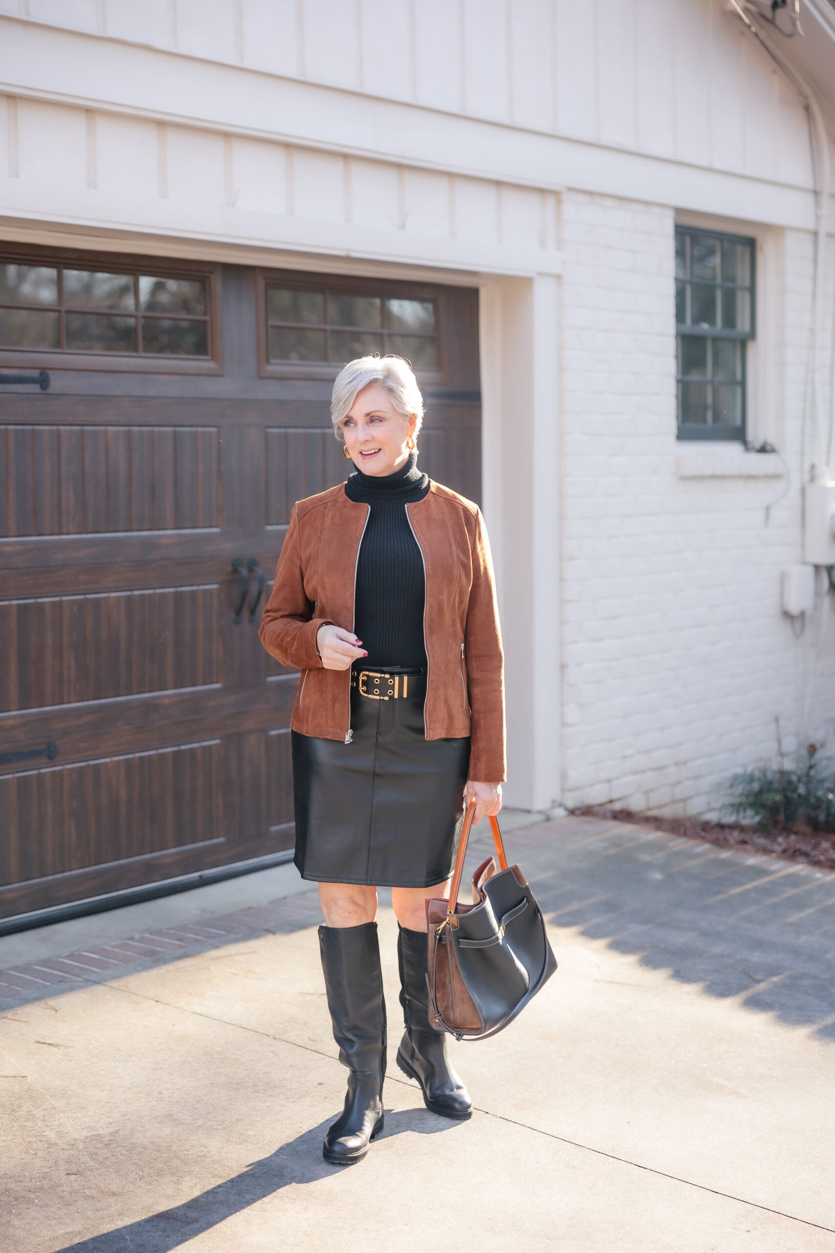 Stylish Suede Jacket with Leather Skirt and Tall Boots — Winter Outfits for Older Women
