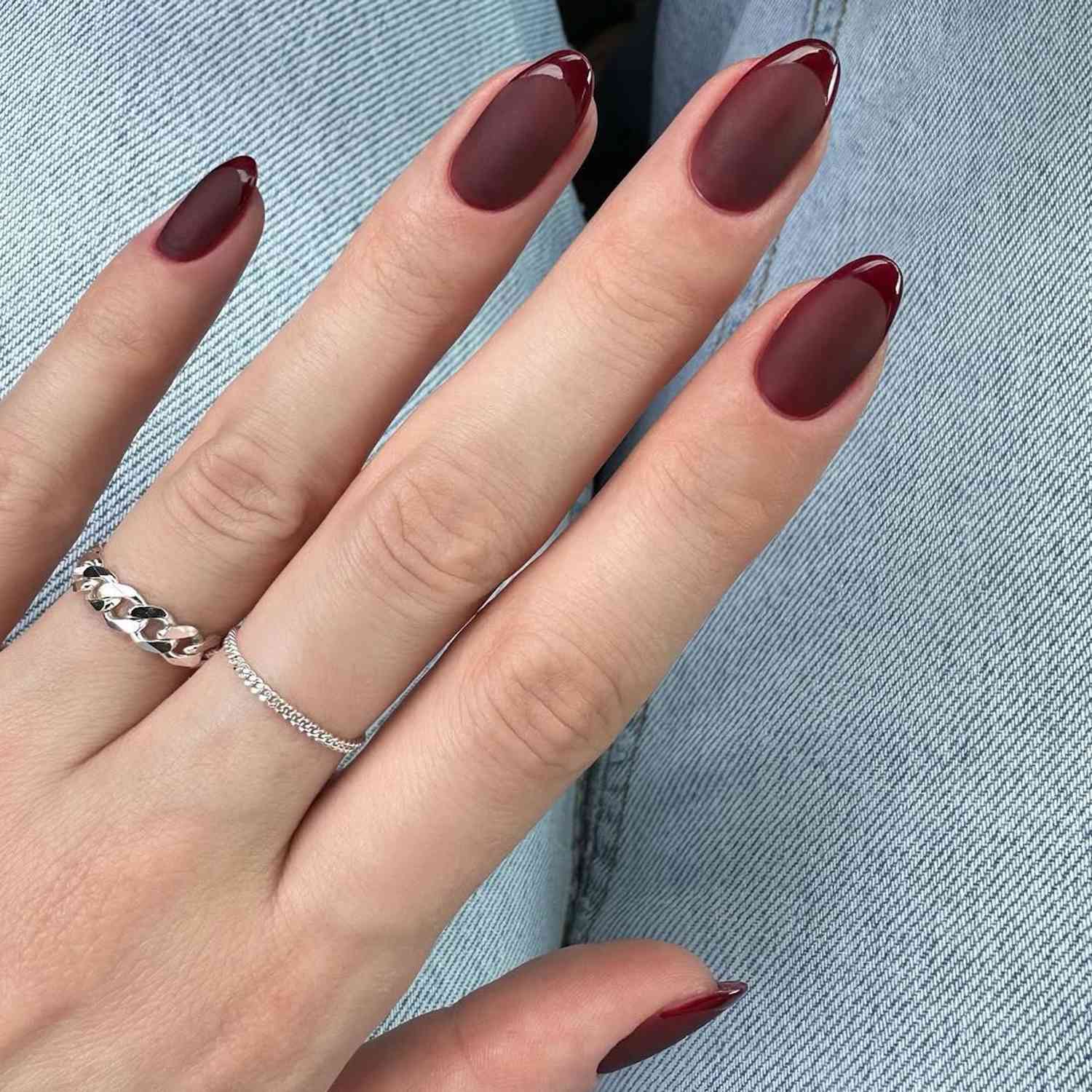 Matte Burgundy French Tip Contrast Matte Burgundy French Tip Contrast — Short Winter Almond Nails