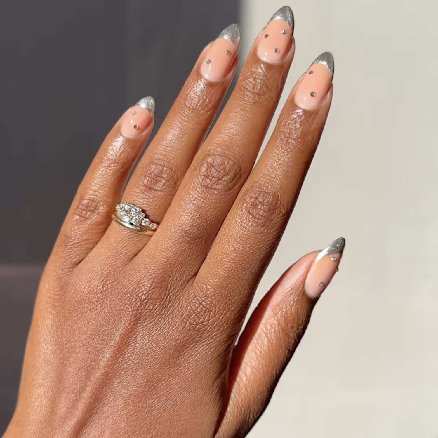 Nude Base Silver Chrome French Tip Almonds — Silver Chrome Nails