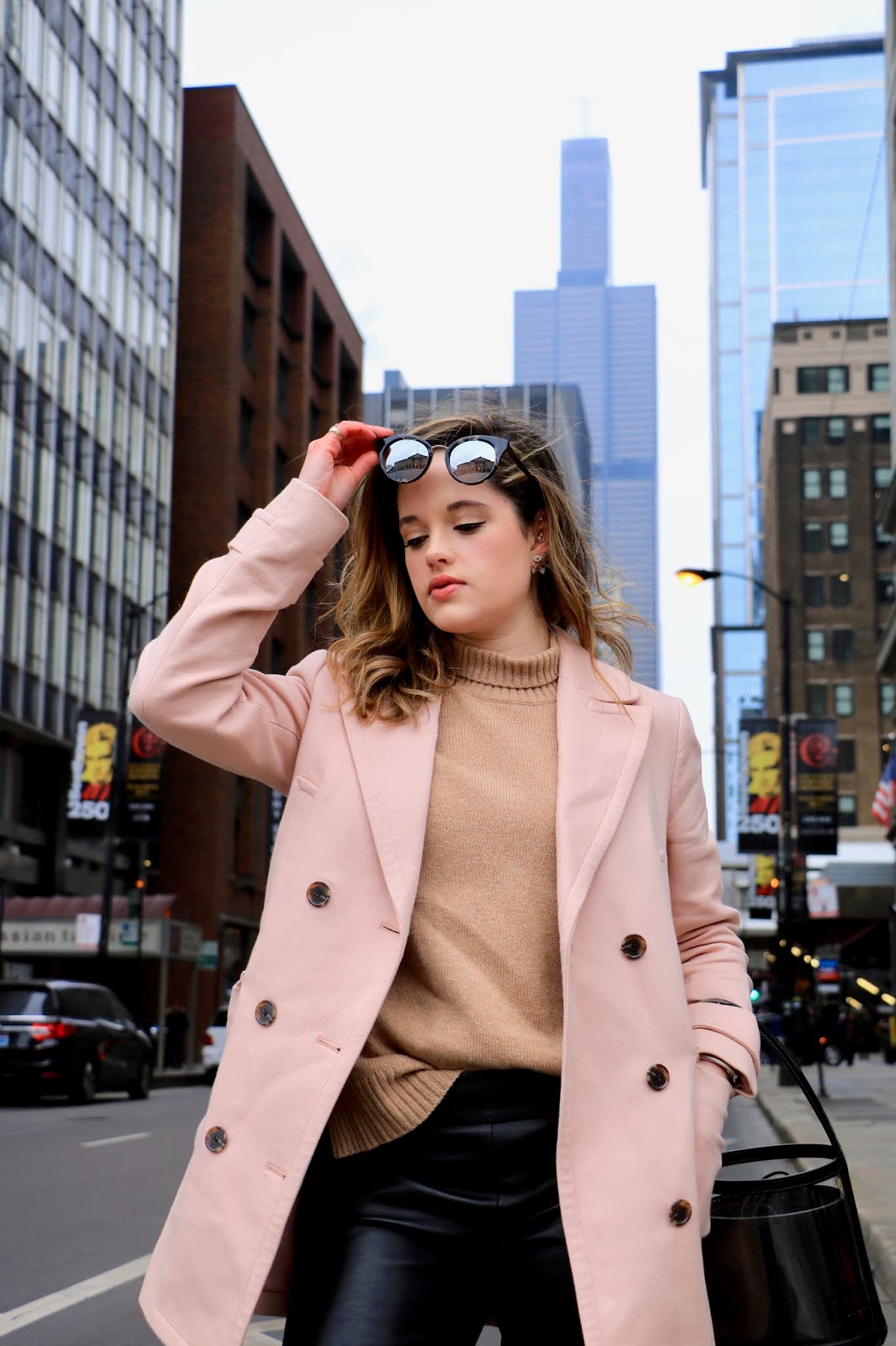Soft Contrast: Camel Turtleneck with Blush Pink Wool Coat Soft Contrast: Camel Turtleneck with Blush Pink Wool Coat — Chicago Winter Outfits