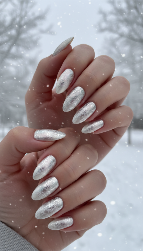 Icy Silver Foil Almond Nails Icy Silver Foil Almond Nails — Classy Winter Nails