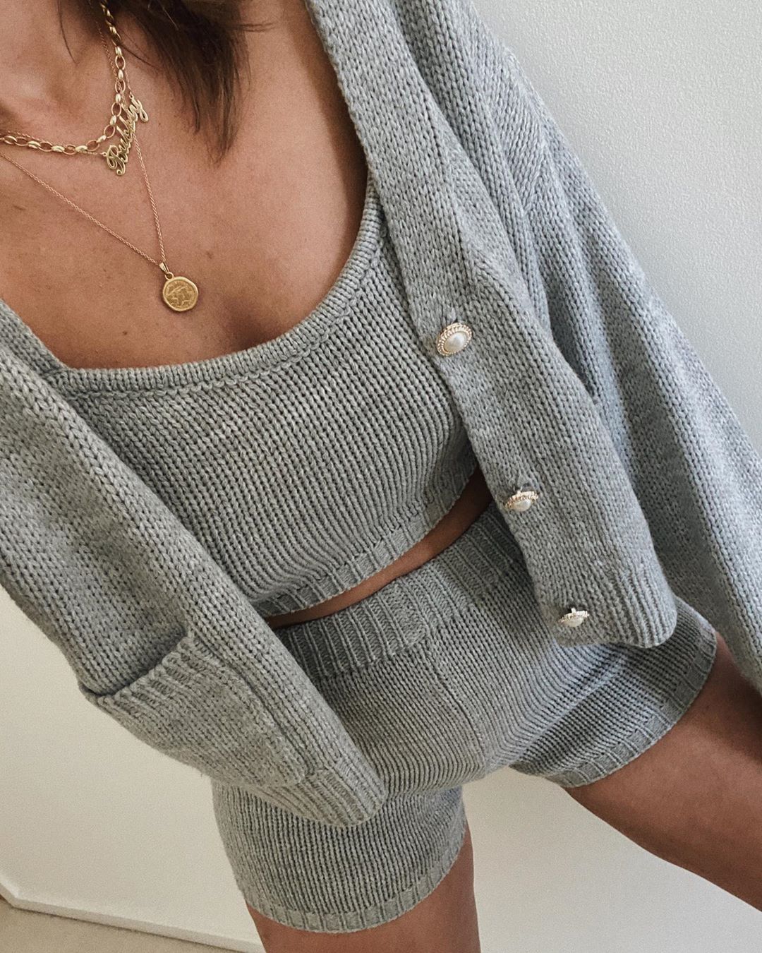 Ribbed Grey Knit Set with Pearl Button Detail Ribbed Grey Knit Set with Pearl Button Detail — Knit Set Outfits