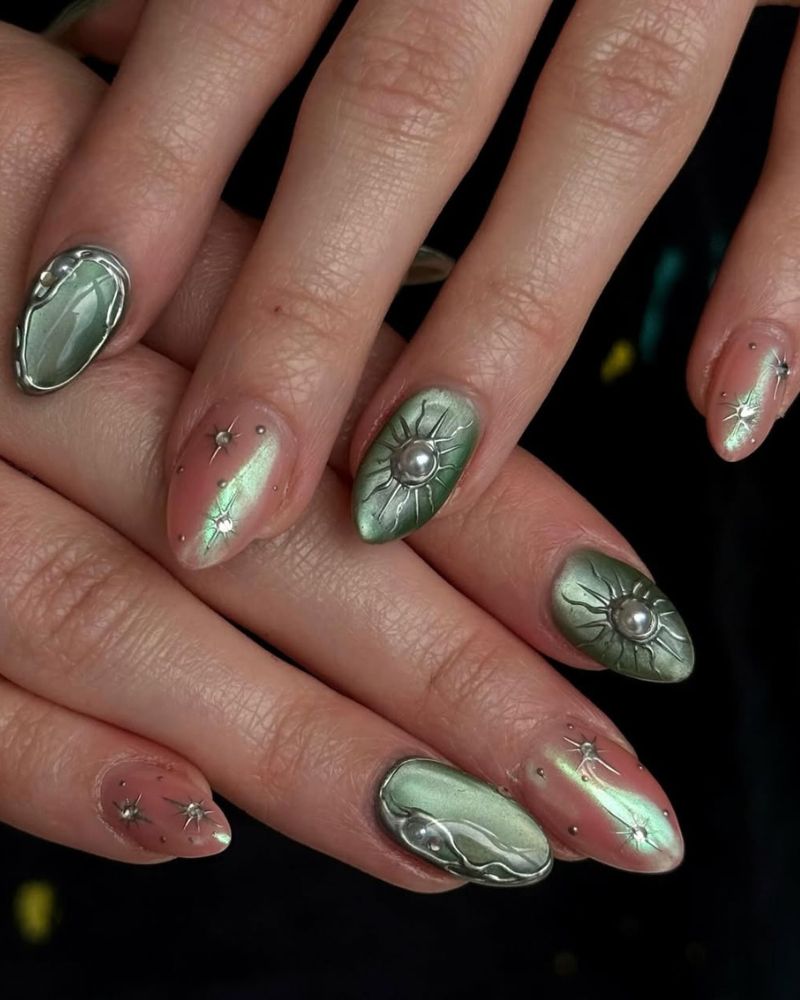 Sage Velvet Frosty Glass Almond Nails Sage Velvet Frosty Glass Almond Nails — Winter Green Nails