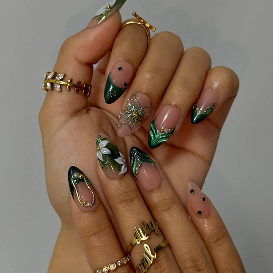 Deep Green 3D Floral Almond Nails Deep Green 3D Floral Almond Nails — Green Nail Designs