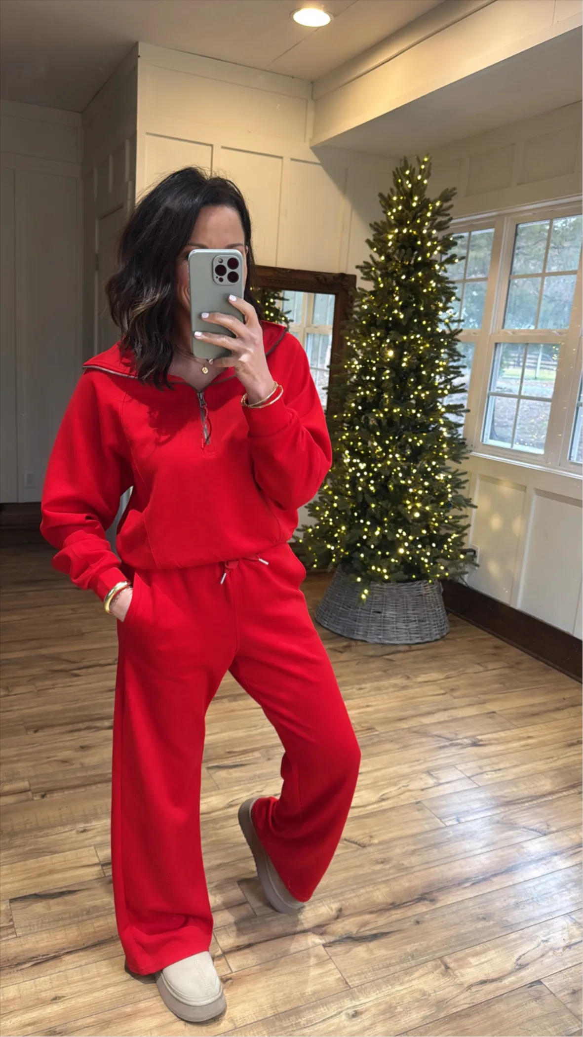 Bold Red Fleece Half-Zip Loungewear Set with Platform Slides Bold Red Fleece Half-Zip Loungewear Set with Platform Slides — Loungewear Outfits