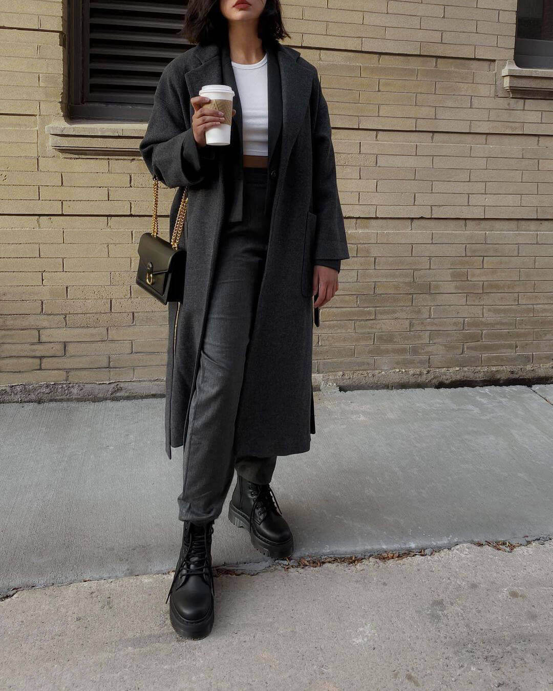 Chic Winter Ensemble with Grey Wool Coat and Combat Boots Chic Winter Ensemble with Grey Wool Coat and Combat Boots — Combat Boots Outfits