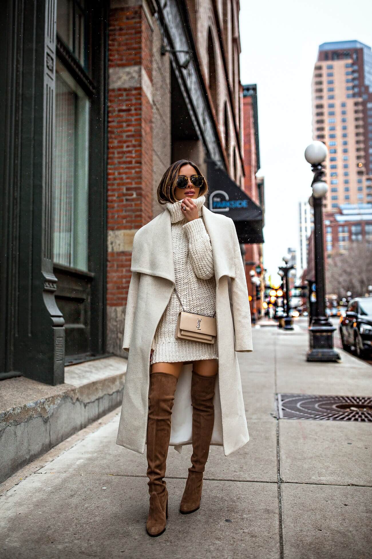 Cream Chunky Turtleneck Sweater Dress with Oversized Coat and Over-the-Knee Boots Cream Chunky Turtleneck Sweater Dress with Oversized Coat and Over-the-Knee Boots — Turtleneck Outfits