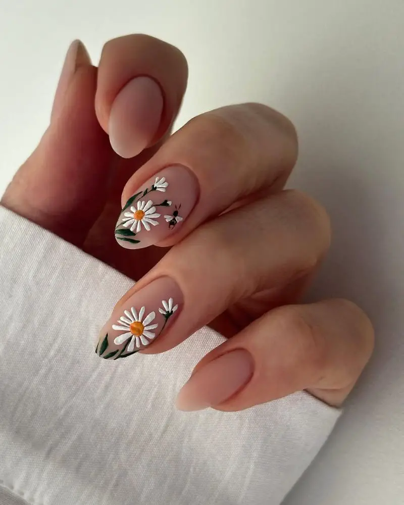 Matte Nude Daisy and Bee Almond Nails Matte Nude Daisy and Bee Almond Nails — Classy Simple Nail Designs