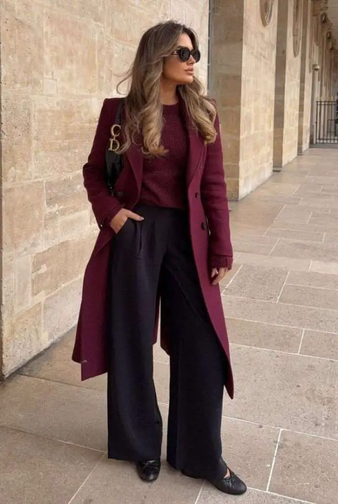 Chic Burgundy Wool Coat Paired with Knit Sweater and Wide-Leg Trousers Chic Burgundy Wool Coat Paired with Knit Sweater and Wide-Leg Trousers — Burgundy Outfits
