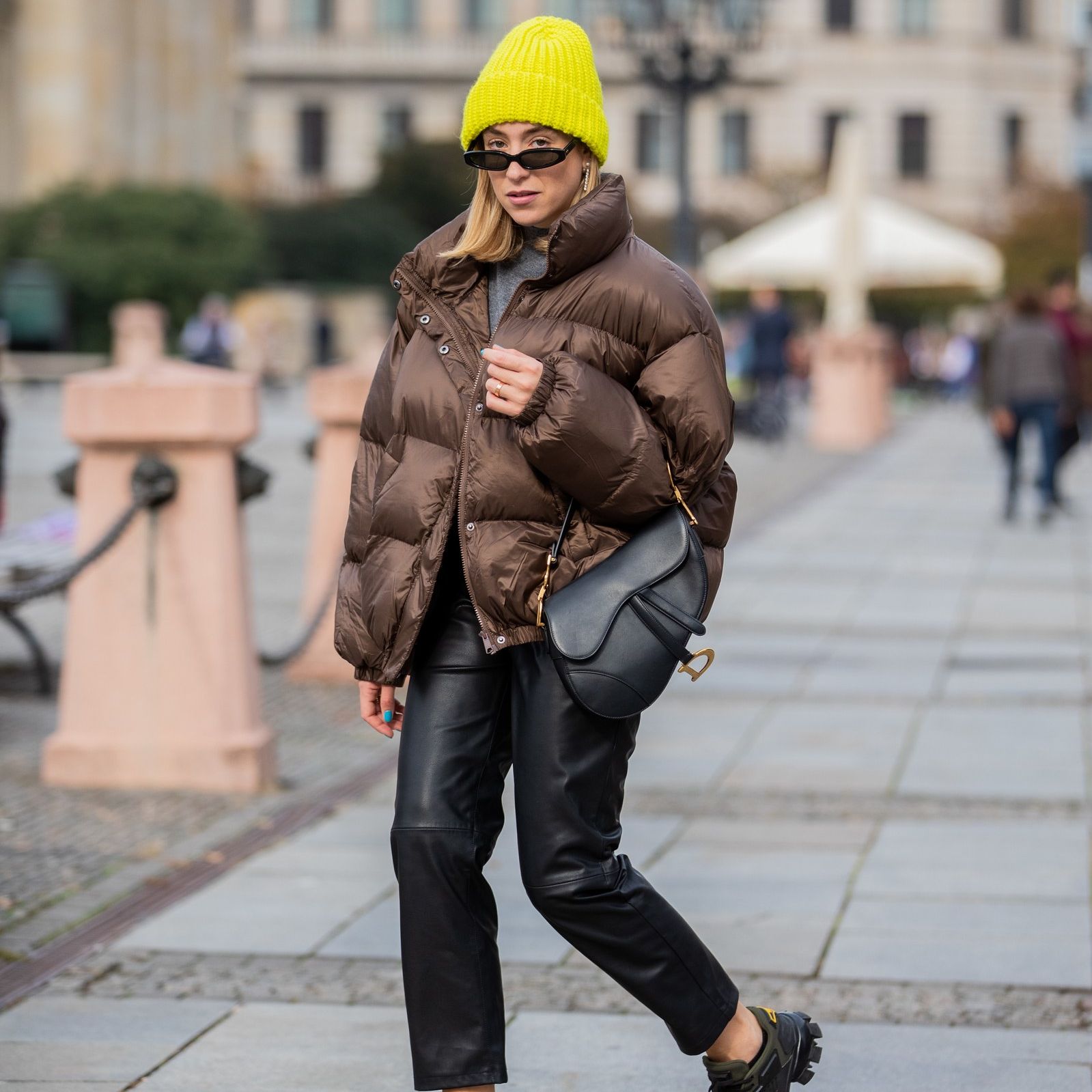 Brown Puffer Jacket with Leather Trousers and Yellow Beanie Brown Puffer Jacket with Leather Trousers and Yellow Beanie — Winter Puffer Jacket Outfits