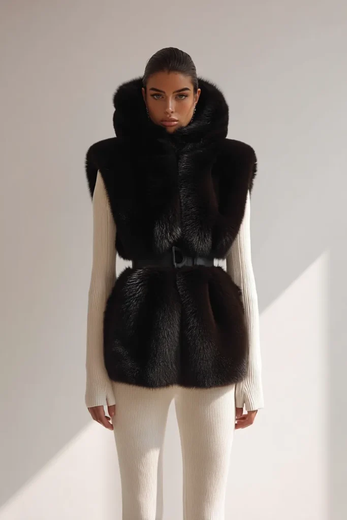 Bold Contrast: White Faux Fur Coat Over Checked Mini Dress Bold Contrast: White Faux Fur Coat Over Checked Mini Dress — Dressy Winter Outfits