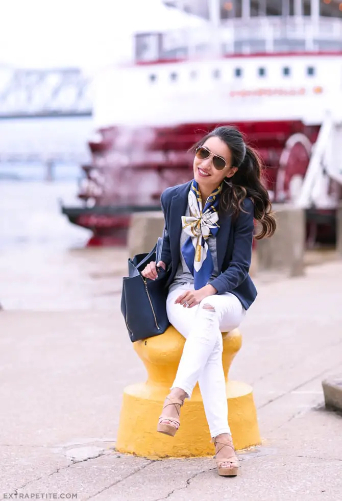 Colorful Silk Scarf with a Navy Blazer Colorful Silk Scarf with a Navy Blazer — Scarf Outfits