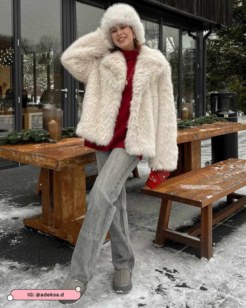 Casual Winter Warmth: White Fur Hat with Jeans and Turtleneck Casual Winter Warmth: White Fur Hat with Jeans and Turtleneck — Fur Hat Outfits