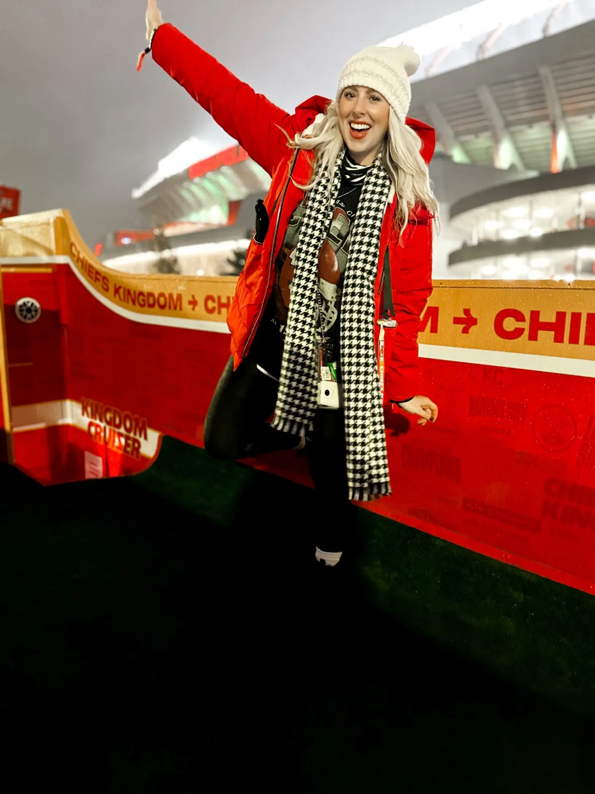 Puffer Jacket and Houndstooth Scarf Combination Puffer Jacket and Houndstooth Scarf Combination — Winter Football Game Outfits