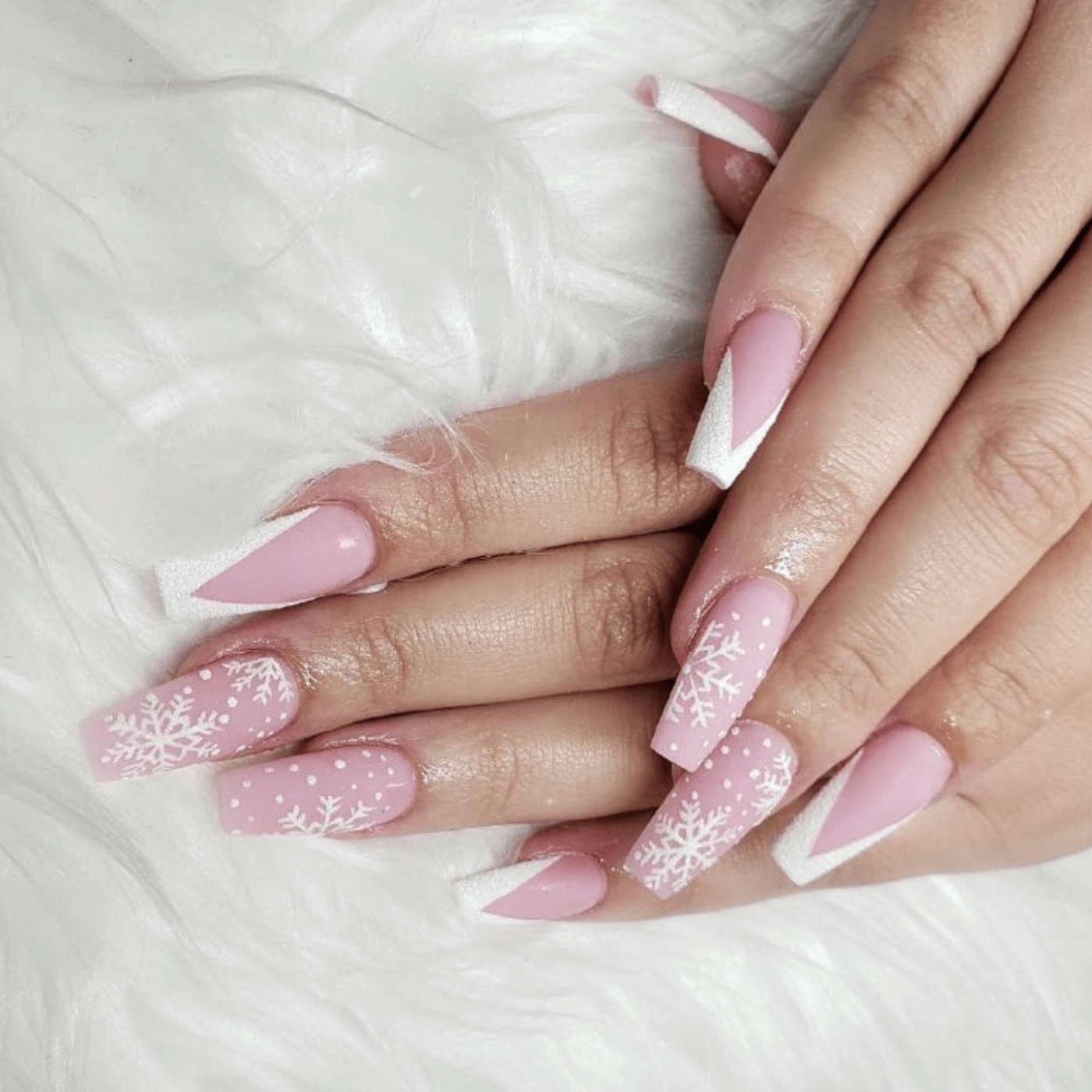 Matte French & Snowflakes Matte French & Snowflakes — Winter Pink Nails