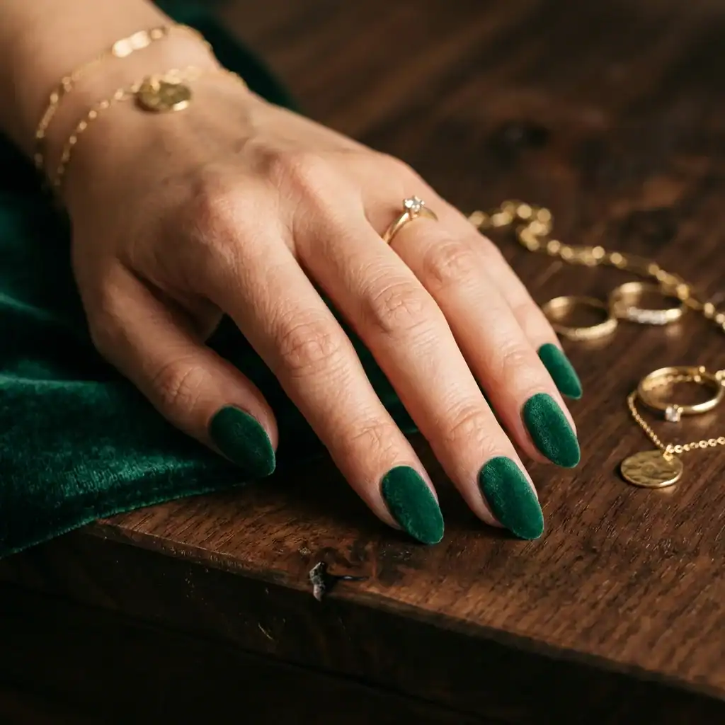 Deep Emerald Velvet Almond Nails Deep Emerald Velvet Almond Nails — Velvet Nails