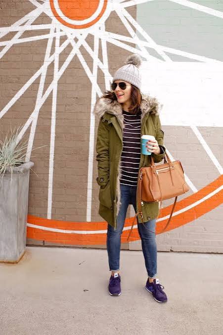 Green Parka with Fur Trim Paired with Striped Top and Sneakers Green Parka with Fur Trim Paired with Striped Top and Sneakers — Parka Outfits