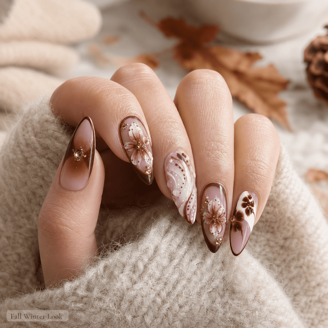 Intricate Fall Floral Almond Nails Intricate Fall Floral Almond Nails — Fall to Winter Nails