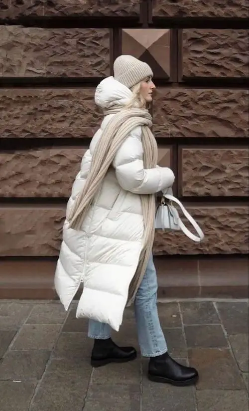 White Puffer Coat with Denim and Leather Boots White Puffer Coat with Denim and Leather Boots — Long Puffer Coat Outfits