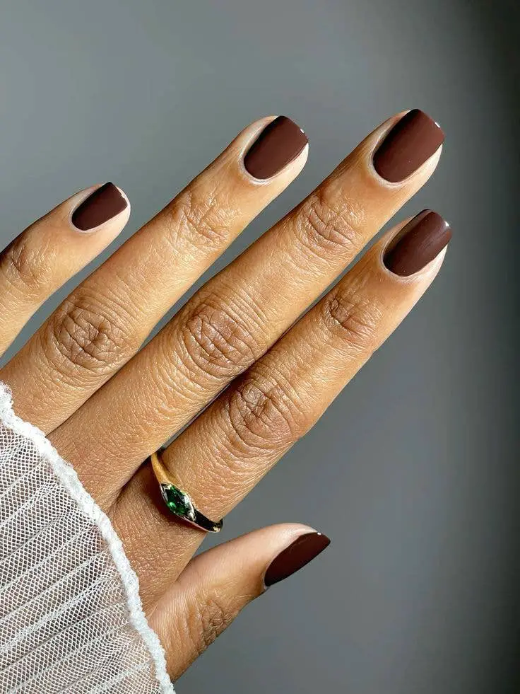 Deep Matte Brown Nails with Gold Ring Deep Matte Brown Nails with Gold Ring — Winter Nail Colors for Women Over 40
