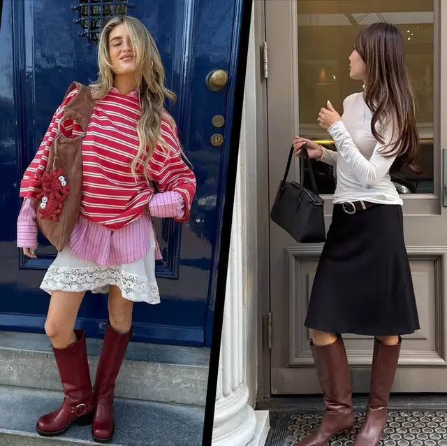 Layered Tops and Lace Skirt with Burgundy Knee-High Boots — Knee High Boots Outfits