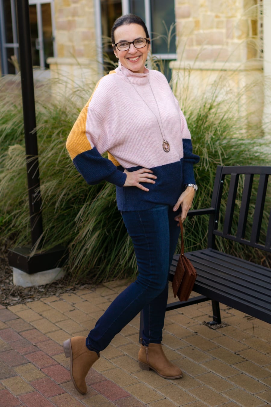 Vibrant Colorblock: Dark Jeans with a Multi-Panel Sweater Vibrant Colorblock: Dark Jeans with a Multi-Panel Sweater — Winter Outfits with Jeans