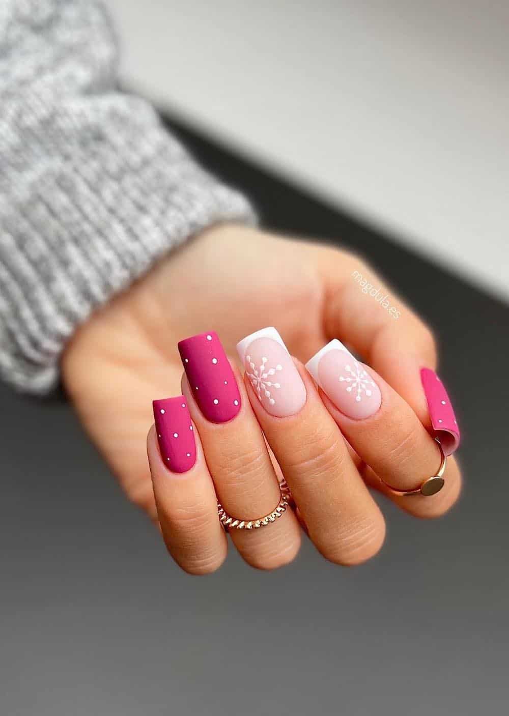 Matte Hot Pink Snowflake French Mix Matte Hot Pink Snowflake French Mix — Winter Squoval Nails