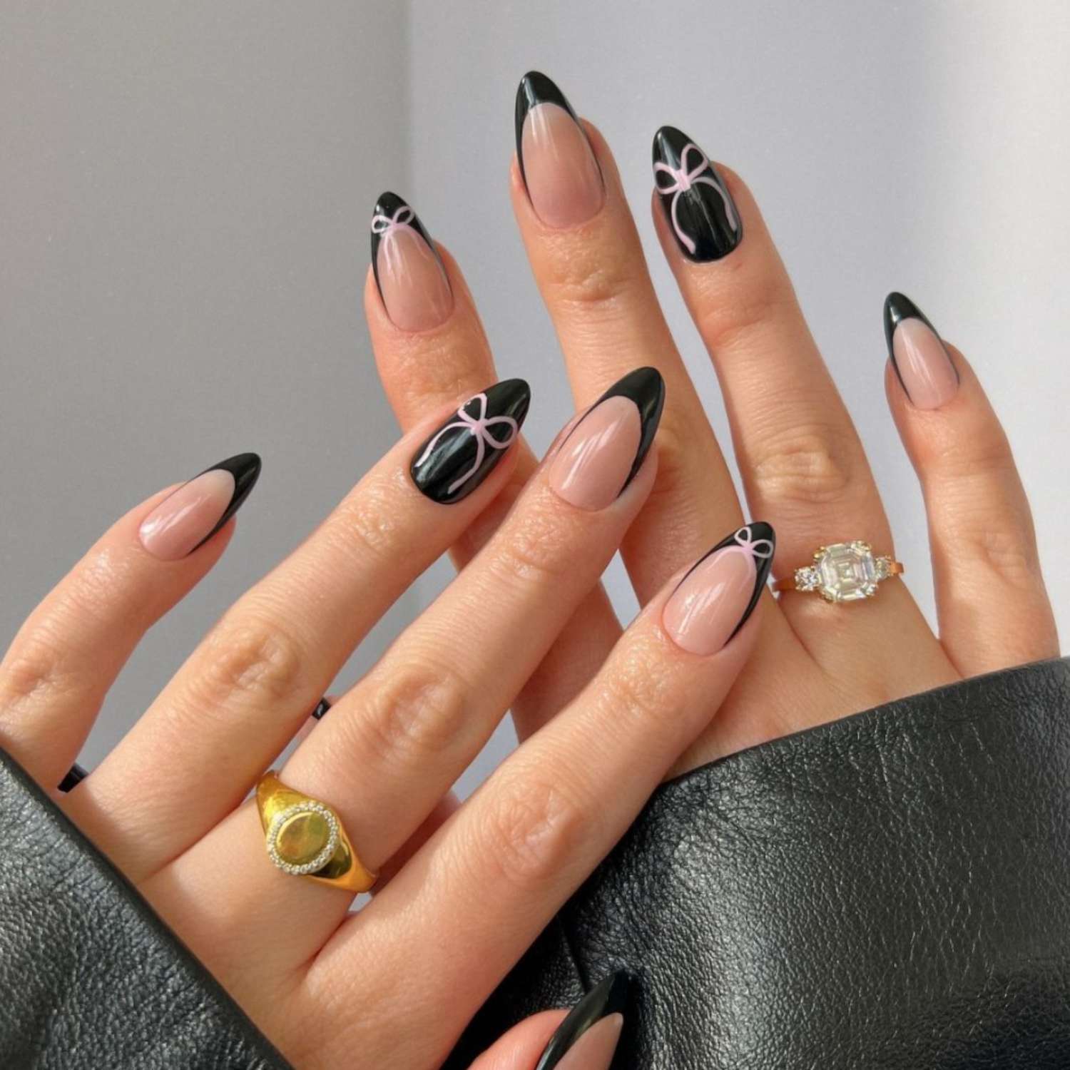 Stiletto With Black French Tips And Pink Bows Stiletto With Black French Tips And Pink Bows — Winter Black Nails