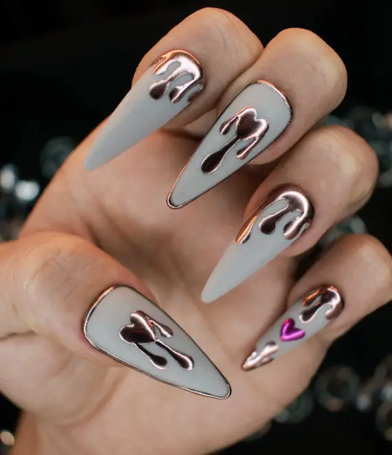 Matte Gray Rose Gold Drip Stilettos Matte Gray Rose Gold Drip Stilettos — Winter Stiletto Nails