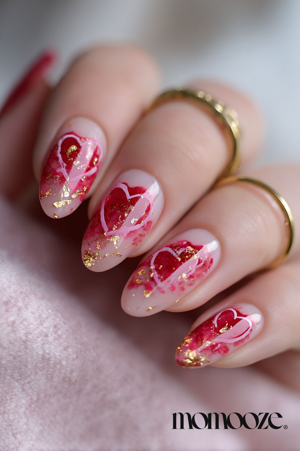 Gold Foil Heart Almonds Gold Foil Heart Almonds — Trendy Almond Nail Designs