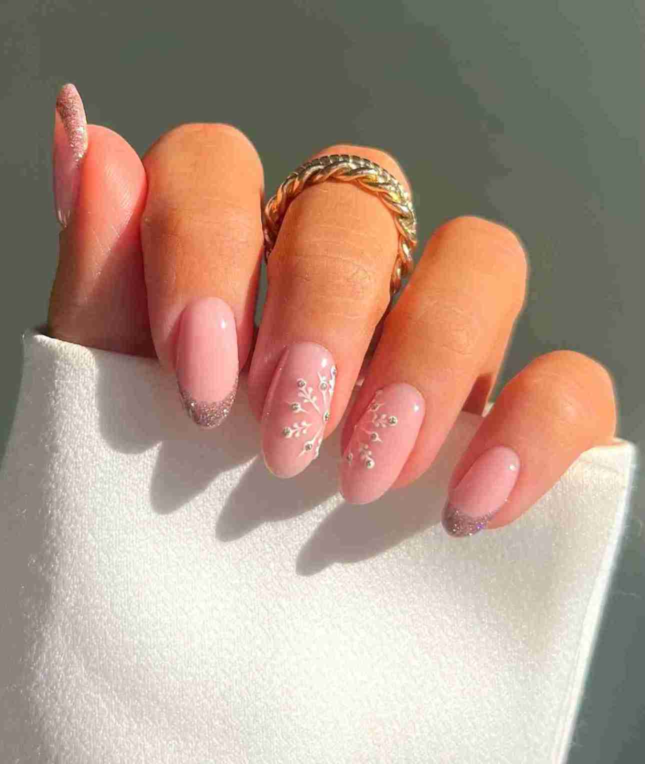 Romantic Floral French Tips with Glitter Romantic Floral French Tips with Glitter — Winter Glitter Nails