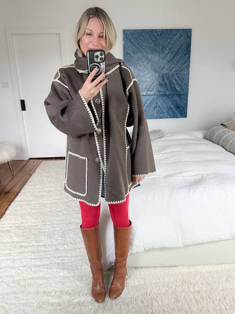 Bright Red Tights with Knee-High Boots and Loose Coat — Tights Outfits