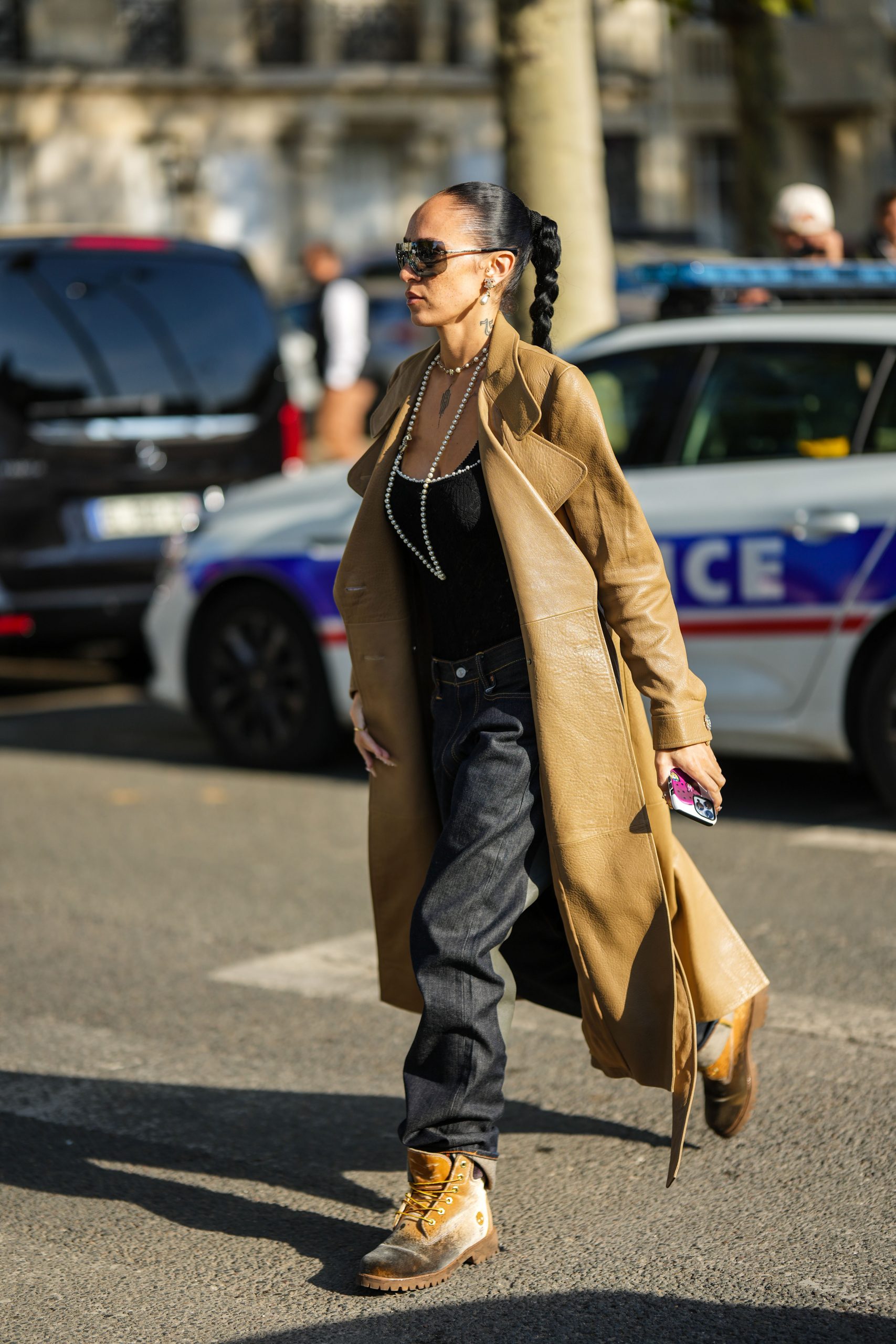 Fashion Forward: Tan Timberlands with Leather Trench and Pearls — Timberland Boots Outfits