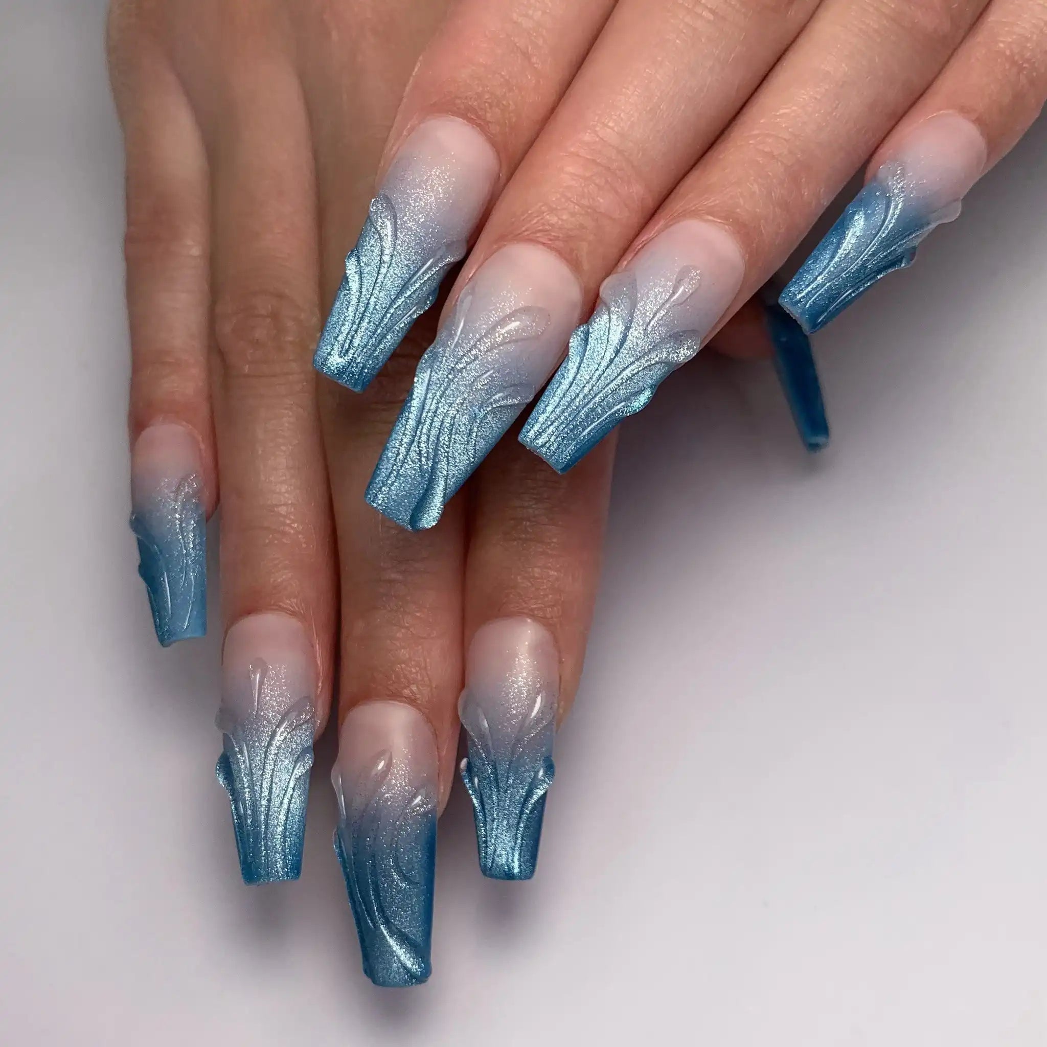3D Sculpted Wave Light Blue Stiletto Nails 3D Sculpted Wave Light Blue Stiletto Nails — Icy Blue Nails
