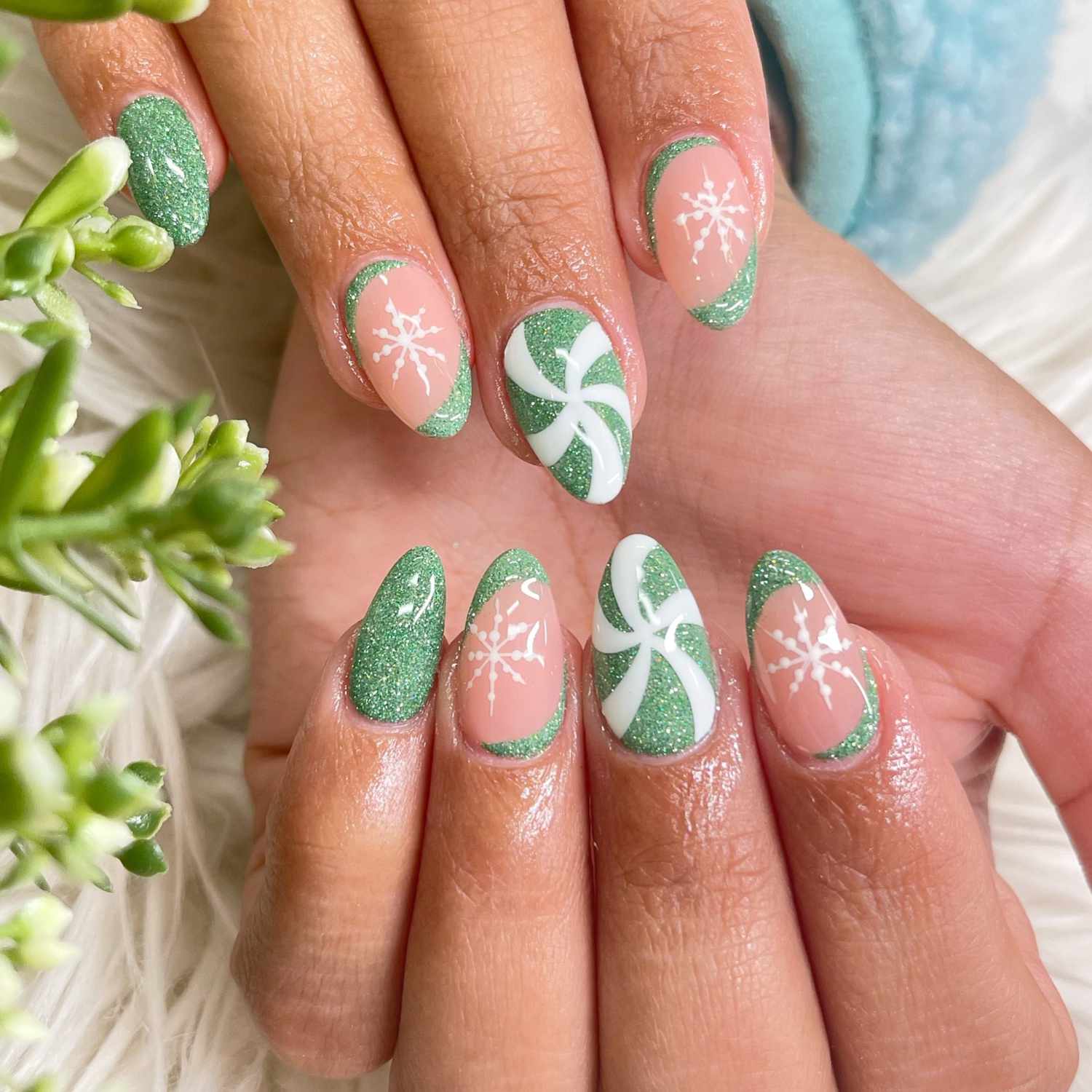 Sheer Pink Snowflake Peppermint Swirl Almonds Sheer Pink Snowflake Peppermint Swirl Almonds — Snowflake Nails
